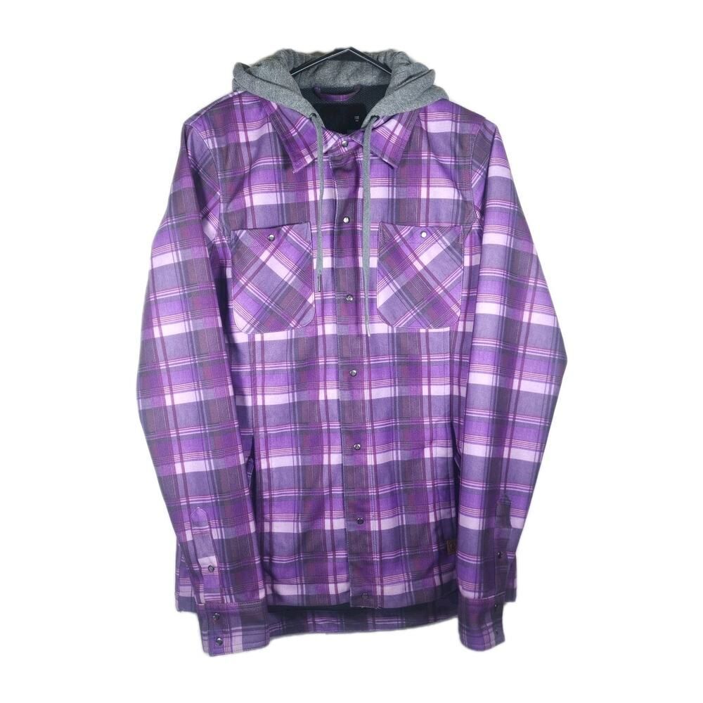 Volcom Women Circle Flannel SZ M Purple Plaid Insulated Hooded Snowboard Jacket